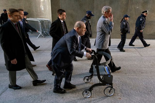 A photo of Weinstein using his walker outside court during his trial